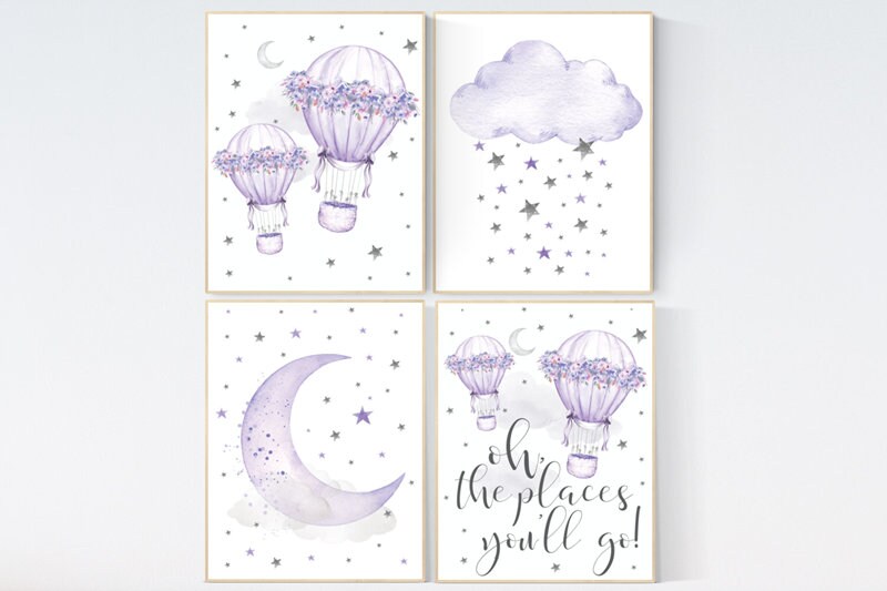 Nursery decor girl purple, nursery decor hot air balloons, lavender and gray, hot air balloon, oh the places you&