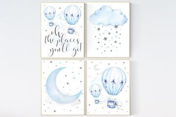 Blue Gray Nursery Art, nursery decor boy cloud, boy hot air balloon, oh the places you'll go, blue and gray nursery, hot air balloons, blue