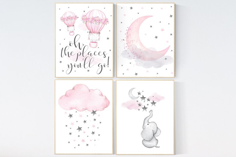Nursery decor elephant, nursery decor pink and gray, nursery decor hot air balloons, oh the places you&