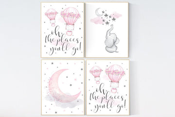 Nursery decor elephant, nursery decor pink and gray, nursery decor hot air balloons, oh the places you'll go, pink nursery, hot air balloon