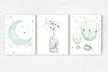 Nursery decor elephant, Mint nursery decor, hot air balloon, gender neutral nursery, nursery decor turquoise, mint green nursery wall art