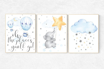 Nursery wall art neutral, nursery decor hot air balloons, gender neutral, Oh the places you'll go, moon and stars nursery, baby room decor
