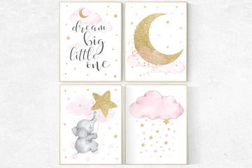 Nursery decor girl elephant, pink and gold nursery, dream big little one, pink nursery art, cloud and stars baby room decor nursery wall art