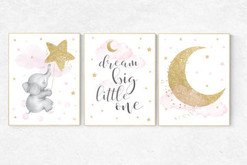 Nursery wall art girl elephant, baby room decor girl gold and pink, dream big little one, cloud and stars, baby room decor, nursery wall art