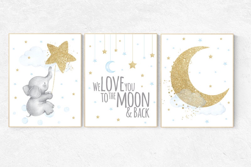 Nursery decor boy elephant, blue and gold nursery, we love you to the moon and back, blue nursery wall art, cloud and stars, baby room decor