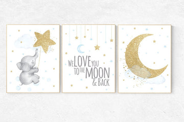 Nursery decor boy elephant, blue and gold nursery, we love you to the moon and back, blue nursery wall art, cloud and stars, baby room decor
