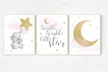 Nursery wall art girl elephant, baby room decor girl gold and pink, twinkle twinkle little star, cloud and stars, baby room decor, wall art