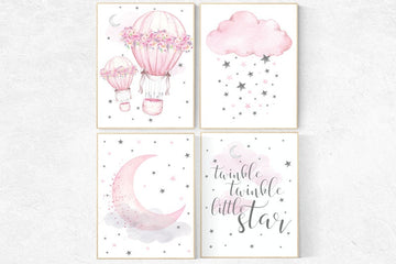 Nursery decor girl, nursery decor pink and grey, nursery decor hot air balloons cloud and star, twinkle twinkle little star nursery wall art