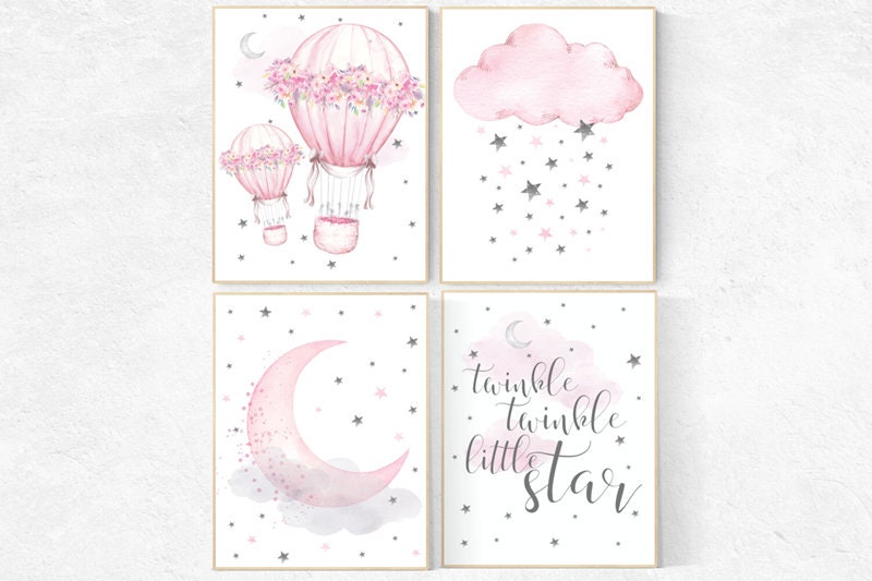 Nursery decor girl, nursery decor pink and grey, nursery decor hot air balloons cloud and star, twinkle twinkle little star nursery wall art