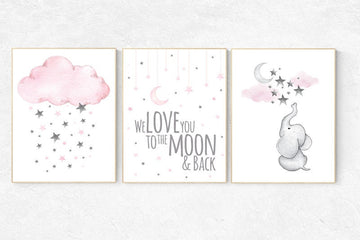Nursery decor girl pink and gray, nursery decor girl pink, Elephant nursery, we love you to the moon and back, cloud and stars, wall art