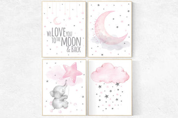 Nursery decor girl elephant, nursery prints, Nursery wall art girl, we love you to the moon and back, pink nursery wall art, cloud and star
