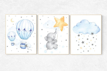 Nursery decor elephant, hot air balloon, oh the places you'll go, elephant balloon, gender neutral, nursery wall art, baby room decor prints
