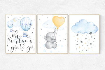Nursery wall art neutral, nursery decor hot air balloons, gender neutral, Oh the places you'll go, moon and stars nursery, baby room decor