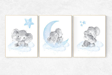Nursery decor boy elephant, nursery wall art elephant, baby room decor boy, cloud and stars, Elephant Nursery Art, Baby Boy Nursery Art