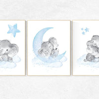 Nursery decor boy elephant, nursery wall art elephant, baby room decor boy, moon and stars, baby room wall art, Baby blue nursery Art