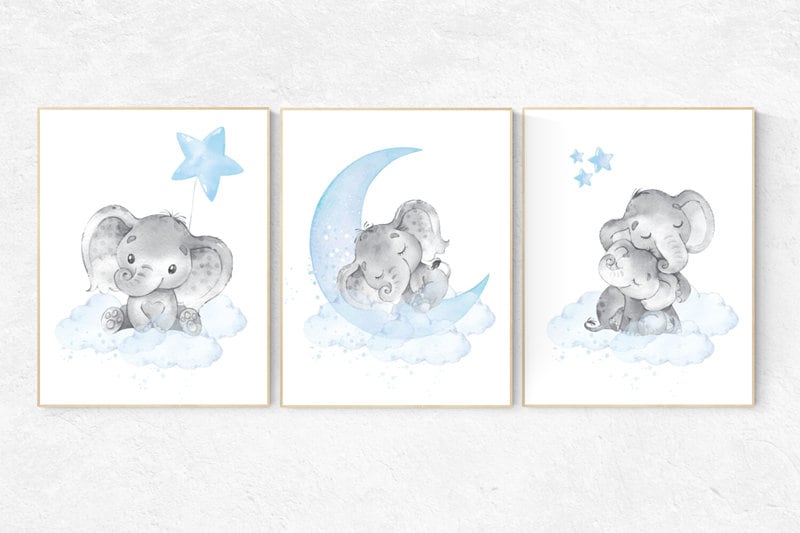 Nursery decor boy elephant, nursery wall art elephant, baby room decor boy, moon and stars, baby room wall art, Baby blue nursery Art