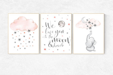 Nursery decor elephant, Nursery decor girl coral, we love you to the moon and back, cloud and stars, moon and stars nursery, coral and gray