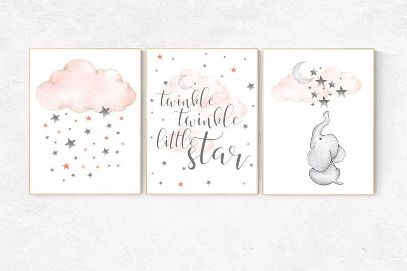 Nursery decor elephant, Nursery decor girl coral, twinkle twinkle little star, cloud and stars, moon and stars nursery, coral and gray