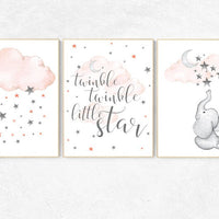 Nursery decor elephant, Nursery decor girl coral, twinkle twinkle little star, cloud and stars, moon and stars nursery, coral and gray