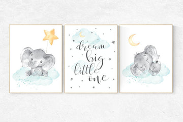 Nursery decor neutral, nursery wall art elephant, cloud and stars, gender neutral, baby room decor, elephant balloon, dream big little one