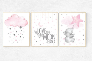 Nursery wall art girl elephant, Nursery decor girl pink and gray, nursery prints girl, cloud and stars, we love you to the moon and back