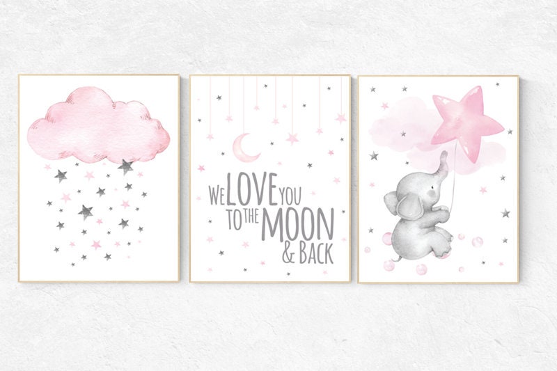 Nursery wall art girl elephant, Nursery decor girl pink and gray, nursery prints girl, cloud and stars, we love you to the moon and back