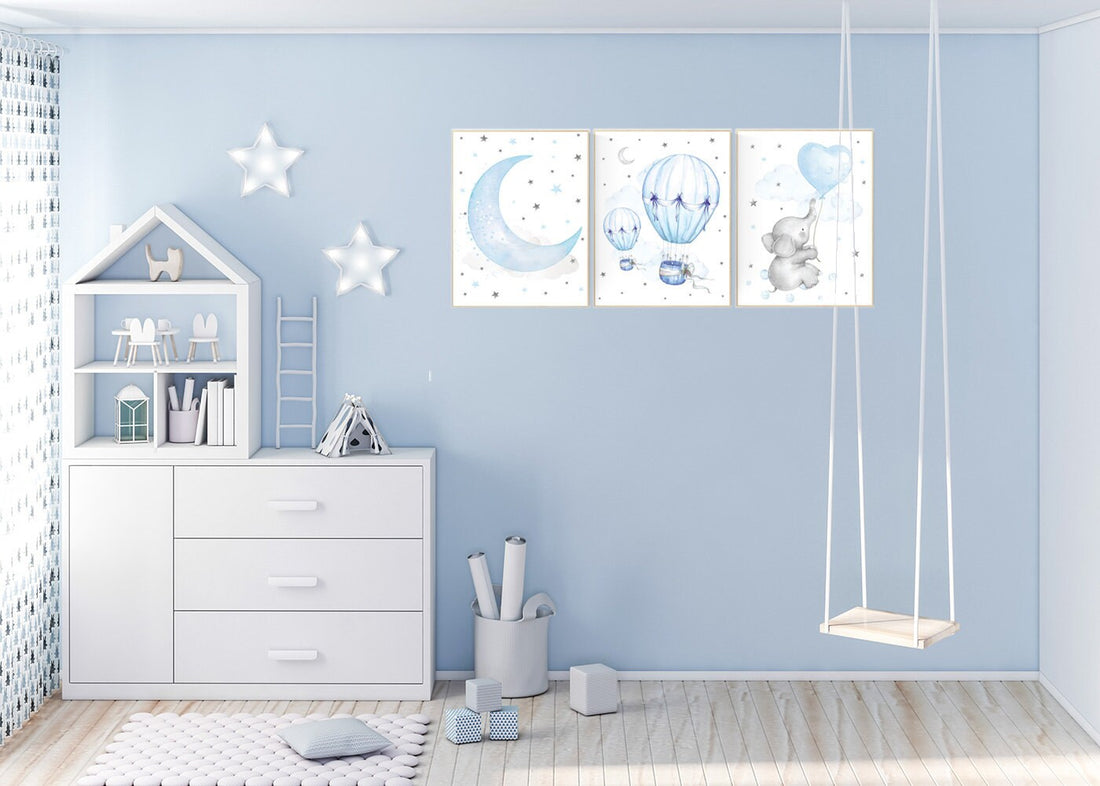 Nursery decor elephant, Nursery decor boy hot air balloon, nursery wall art boy, blue and gray, baby room decor, nursery prints, moon, stars