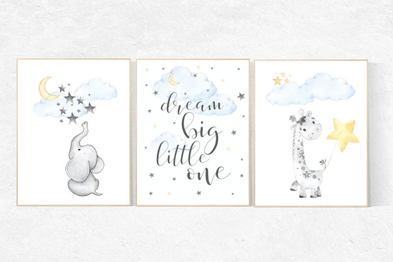Nursery decor elephant, dream big little one, nursery decor elephant and giraffe, Nursery decor neutral, moon and stars, gender neutral