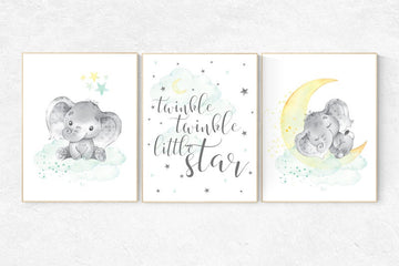 Mint and yellow nursery, nursery wall art neutral, moon and stars nursery, baby room decor, twinkle twinkle, gender neutral nursery art