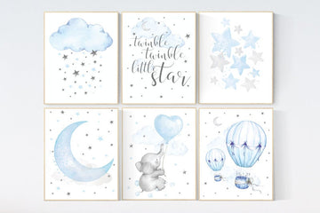 Nursery decor boy elephant, nursery wall art boy, Blue and gray, cloud and stars, hot air balloon, elephant nursery art, moon nursery