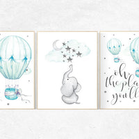 Mint nursery decor, nursery decor elephant, hot air balloon, gender neutral nursery, oh the places you'll go, mint green nursery wall art