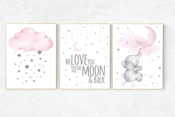 Nursery wall art girl elephant, Nursery decor girl pink and gray, nursery prints girl, cloud and stars, we love you to the moon and back