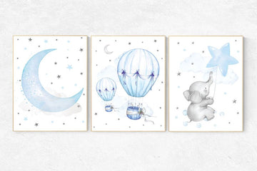 Baby nursery decor elephants, blue nursery wall art, hot air balloon nursery wall decor, moon print nursery, elephant holding balloons