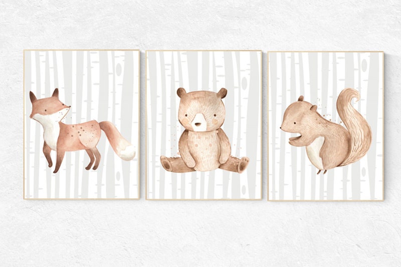 Woodland Nursery Wall Art, Woodland nursery art, nursery decor neutral, gender neutral, Woodland Print Set, Woodland Animal Prints