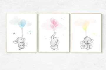 Blue pink yellow nursery decor, nursery decor elephant, animal prints, nursery decor boy elephant, nursery decor girl elephant pastel colors