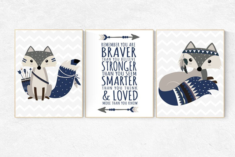 Fox nursery decor, nursery decor woodland, nursery decor fox, tribal nursery decor, woodland nursery, be brave little one, navy nursery