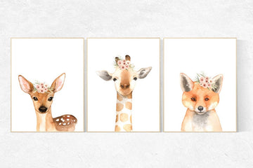 Nursery decor blush, blush pink nursery decor, animal flower crown, nursery prints animals, nursery decor girl flower, woodland animals
