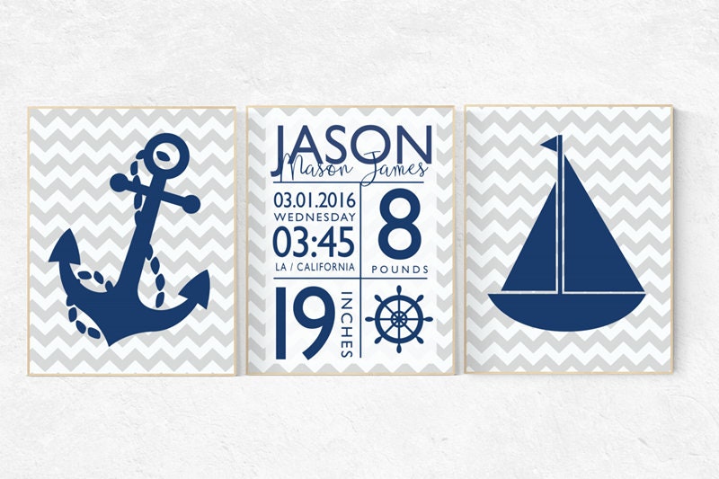 Nautical nursery prints, baby birth stats, Nautical decor, navy gray nursery, navy nursery decor, set of 3, name sign, Birth announcement