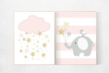 Pink gold cream nursery, nursery decor girl elephant, nursery wall decor girl, cloud and stars, nursery ideas, baby room decor girl, girls