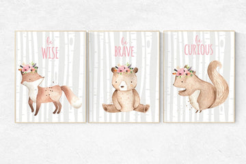 Woodland nursery decor girl, woodland animals nursery, fox nursery, nursery art woodland, animal nursery, nursery prints girl adventure