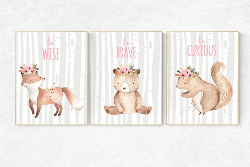 Woodland nursery decor girl, woodland animals nursery, fox nursery, nursery art woodland, animal nursery, nursery prints girl adventure