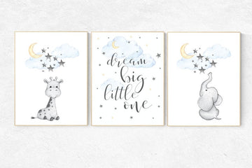 Nursery wall art elephant, nursery decor neutral, dream big little one, cloud and stars, giraffe nursery, moon and stars, gender neutral