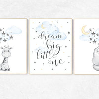 Nursery wall art elephant, nursery decor neutral, dream big little one, cloud and stars, giraffe nursery, moon and stars, gender neutral