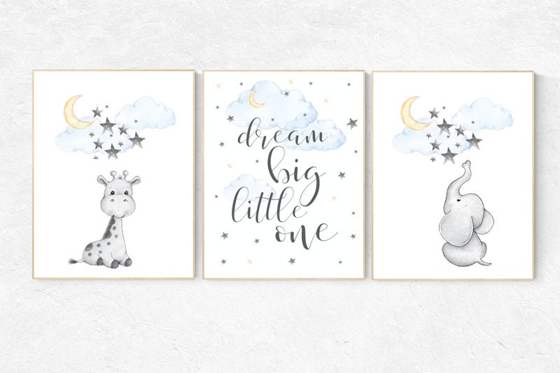 Nursery wall art elephant, nursery decor neutral, dream big little one, cloud and stars, giraffe nursery, moon and stars, gender neutral