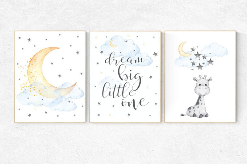 Nursery wall art giraffe, dream big little one, cloud nursery decor, Nursery decor neutral moon and stars nursery moon , gender neutral