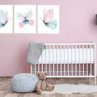 Nursery decor girl butterfly, pink and mint nursery, pink teal nursery, girl room prints, baby girl nursery wall art butterfly wall art pink