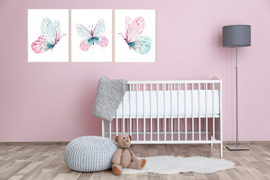 Nursery decor girl butterfly, pink and mint nursery, pink teal nursery, girl room prints, baby girl nursery wall art butterfly wall art pink