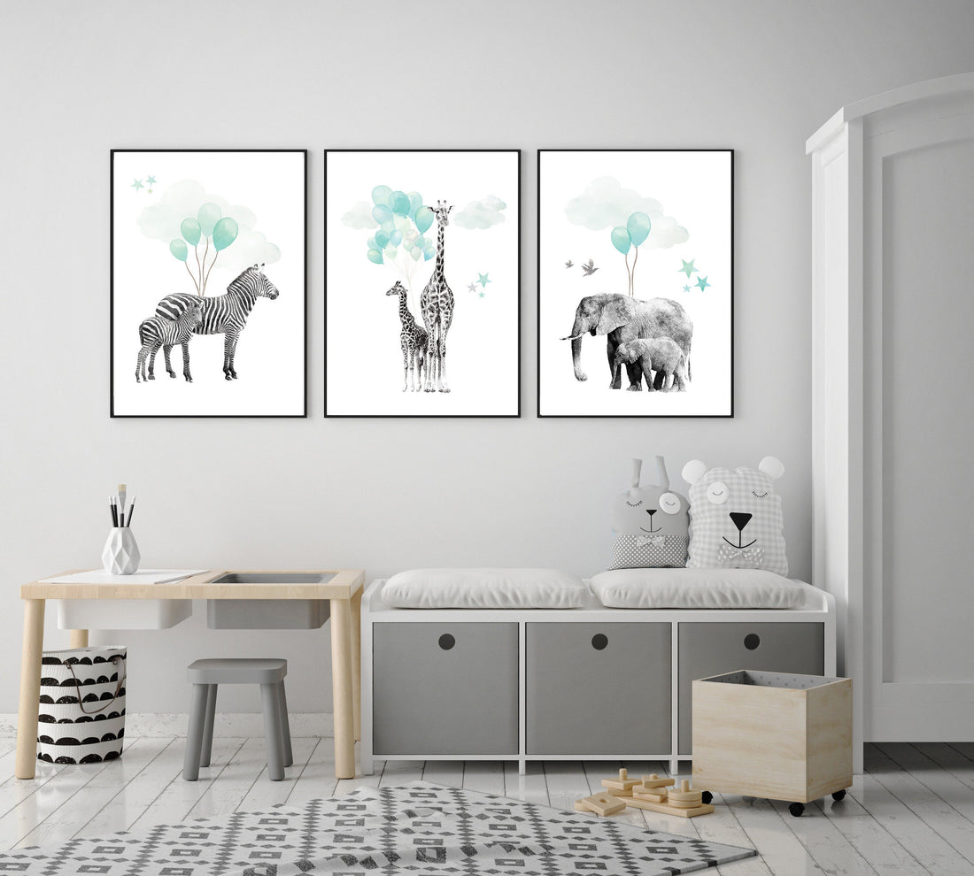 Safari nursery wall decor, teal, Nursery decor animals, gender neutral nursery, safari animal prints, zebra, elephant, safari animal balloon