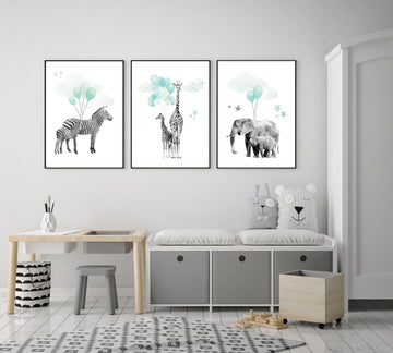 Safari nursery wall decor, teal, Nursery decor animals, gender neutral nursery, safari animal prints, zebra, elephant, safari animal balloon