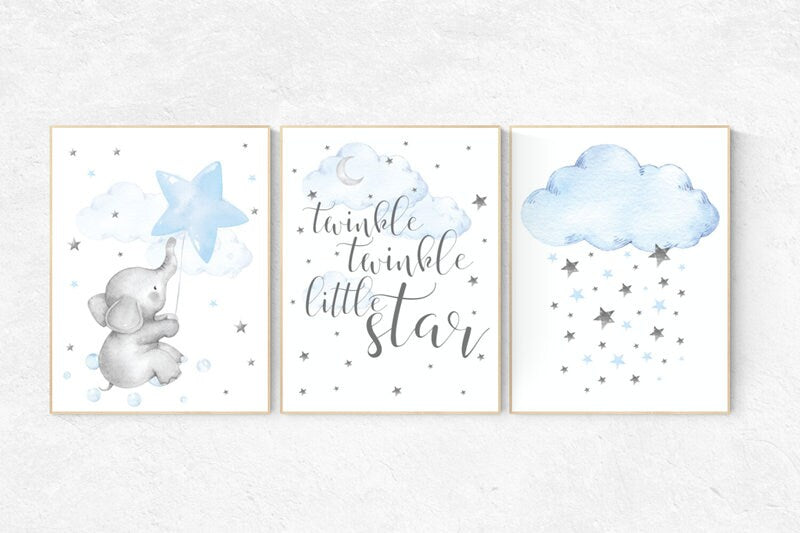 Nursery decor boy blue, nursery decor boy elephant, nursery wall art boy, twinkle twinkle little star, cloud and raindrops, elephant nursery